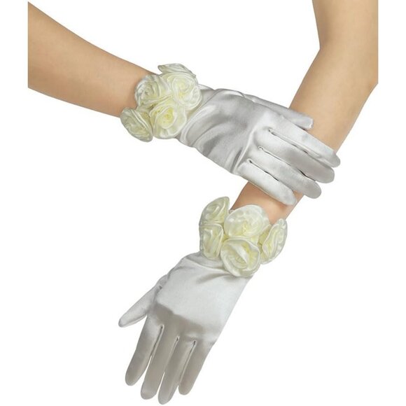 Accessories - Women's Lvory Elegant Floral Satin Short Gloves Wedding Dress Party Accessories